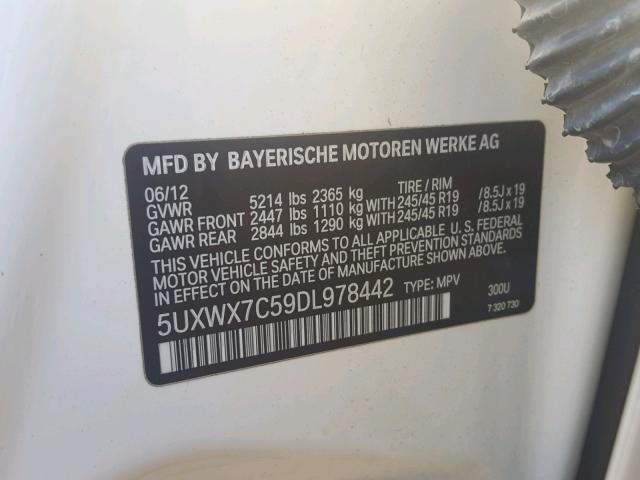 5UXWX7C59DL978442 - 2013 BMW X3 XDRIVE3 WHITE photo 10