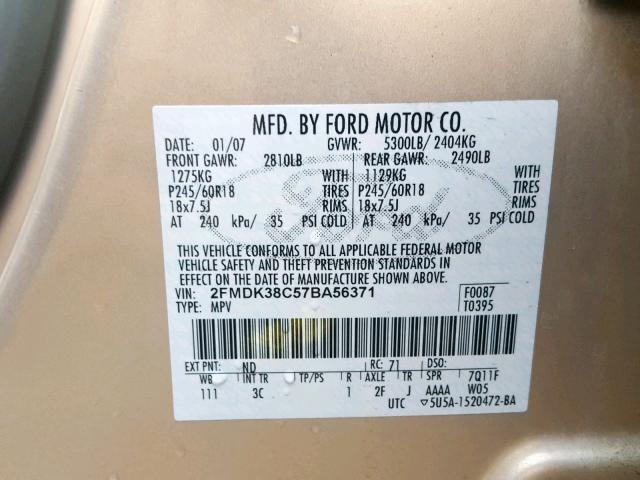 2FMDK38C57BA56371 - 2007 FORD EDGE SEL GOLD photo 10