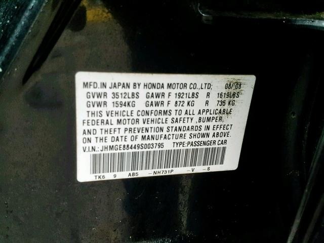 JHMGE88449S003795 - 2009 HONDA FIT SPORT BLACK photo 10