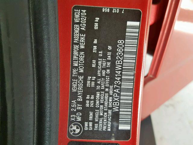 WBXPA73414WB23608 - 2004 BMW X3 2.5I RED photo 10