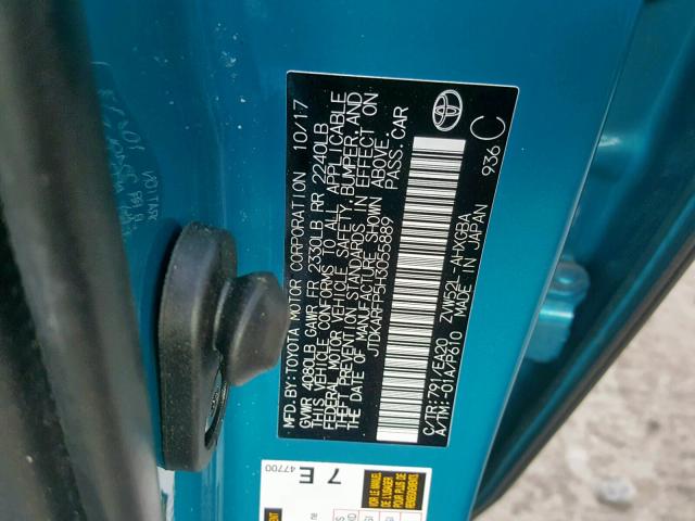 JTDKARFP5H3055889 - 2017 TOYOTA PRIUS PRIM BLUE photo 10