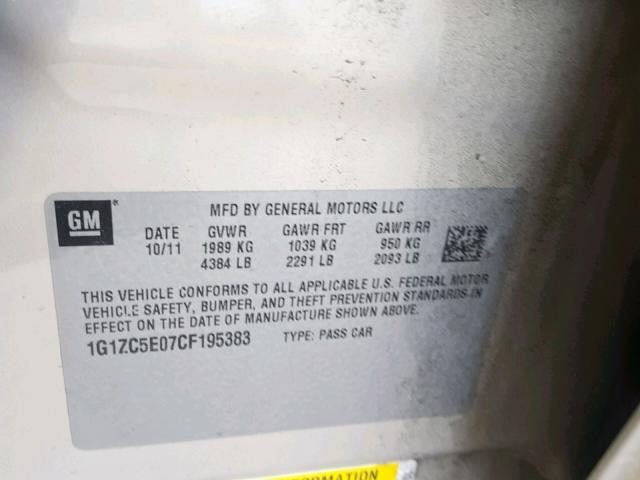 1G1ZC5E07CF195383 - 2012 CHEVROLET MALIBU 1LT WHITE photo 10