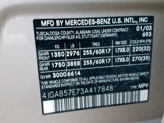 4JGAB57E73A417848 - 2003 MERCEDES-BENZ ML 350 GOLD photo 10