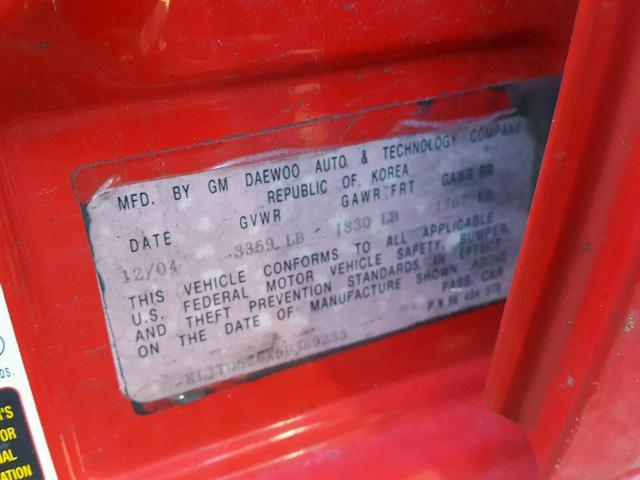 KL1TD526X5B389233 - 2005 CHEVROLET AVEO BASE Qırmızı foto 10