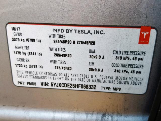 5YJXCDE25HF068332 - 2017 TESLA MODEL X SILVER photo 10