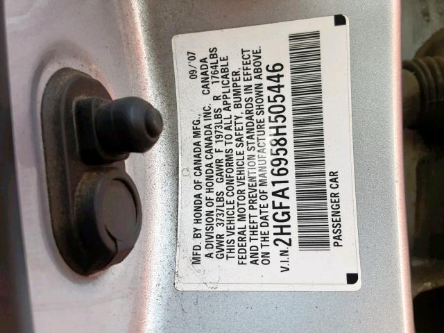 2HGFA16958H505446 - 2008 HONDA CIVIC EXL SILVER photo 10