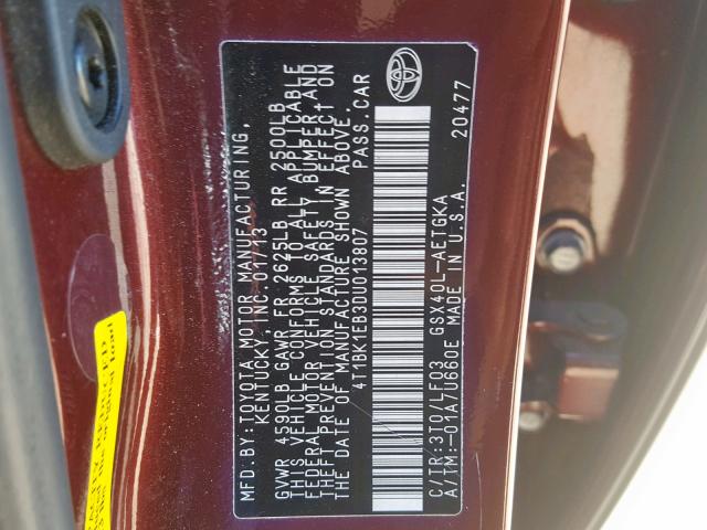 4T1BK1EB3DU013807 - 2013 TOYOTA AVALON BAS BURGUNDY photo 10