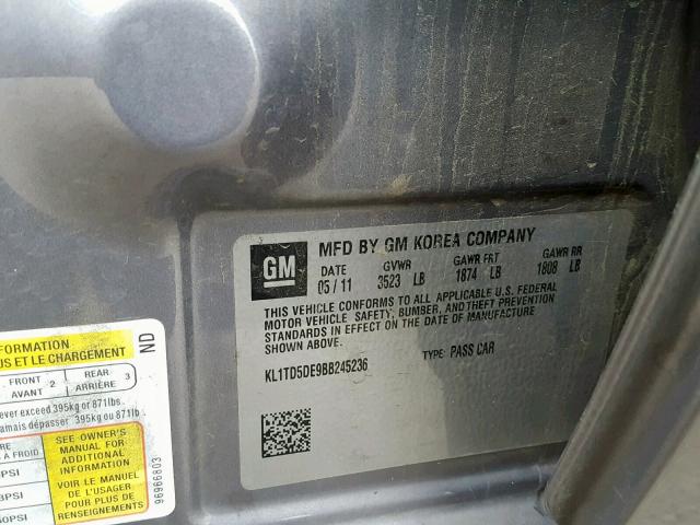 KL1TD5DE9BB245236 - 2011 CHEVROLET AVEO LS GRAY photo 10