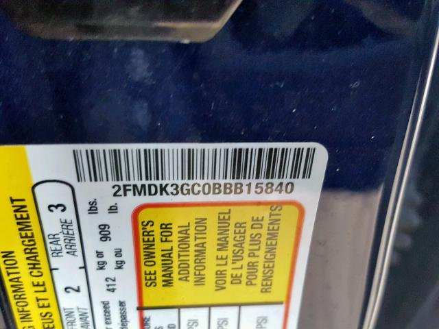 2FMDK3GC0BBB15840 - 2011 FORD EDGE SE BLUE photo 10