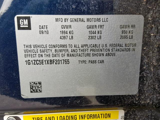 1G1ZC5E1XBF201765 - 2011 CHEVROLET MALIBU 1LT BLUE photo 10