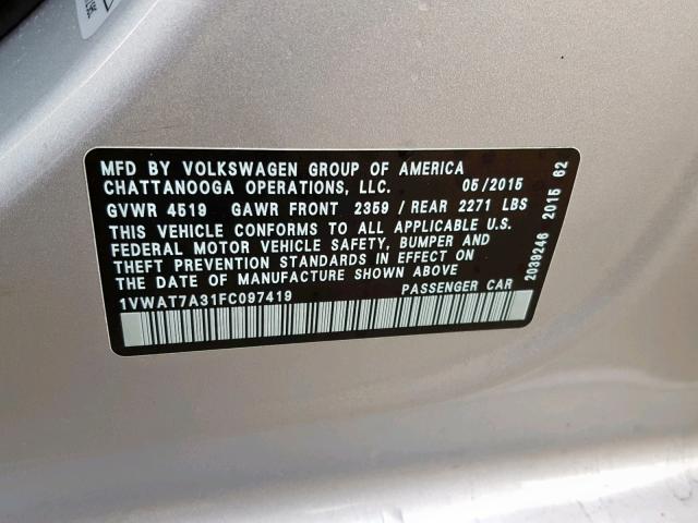 1VWAT7A31FC097419 - 2015 VOLKSWAGEN PASSAT S SILVER photo 10