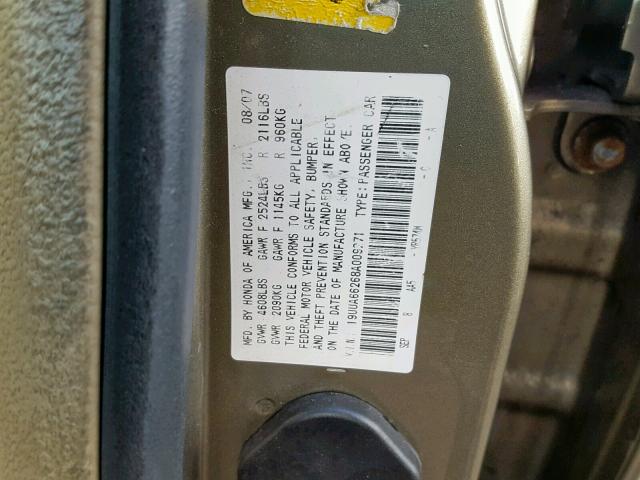 19UUA66268A009271 - 2008 ACURA TL GOLD photo 10