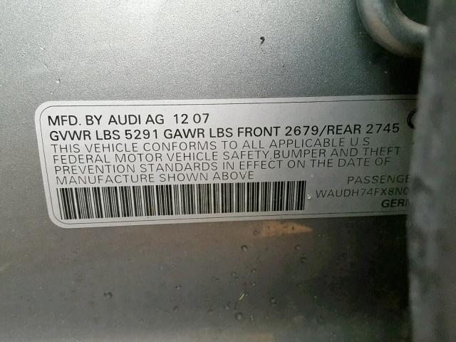 WAUDH74FX8N084275 - 2008 AUDI A6 3.2 QUA SILVER photo 10