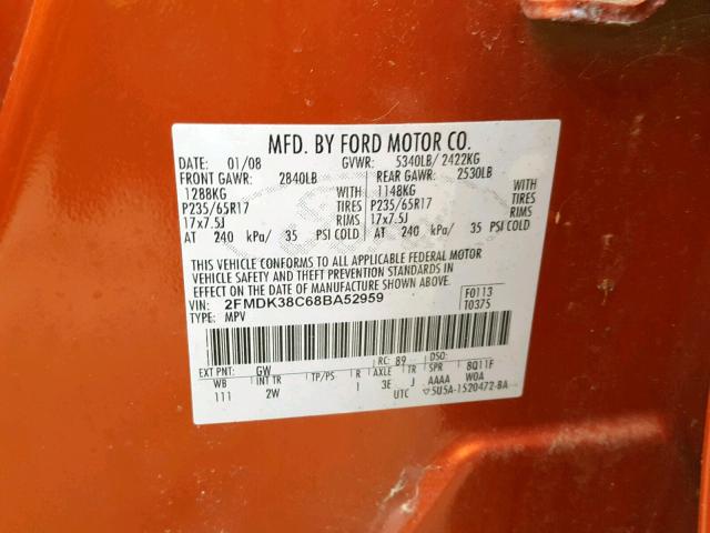 2FMDK38C68BA52959 - 2008 FORD EDGE SEL ORANGE photo 10