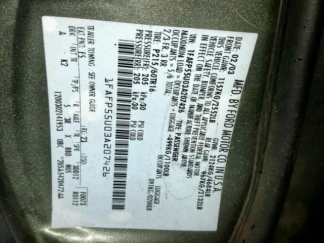 1FAFP55U03A207426 - 2003 FORD TAURUS SES GRAY photo 10