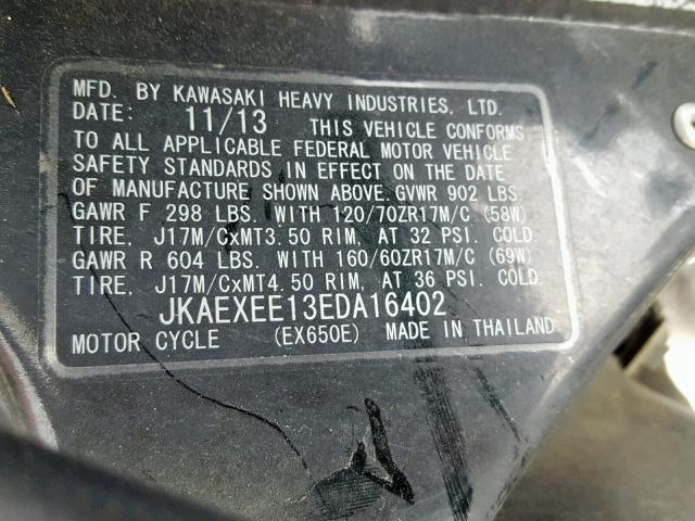 JKAEXEE13EDA16402 - 2014 KAWASAKI EX650 E BLACK photo 10