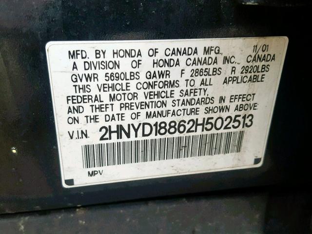 2HNYD18862H502513 - 2002 ACURA MDX TOURIN BLACK photo 10