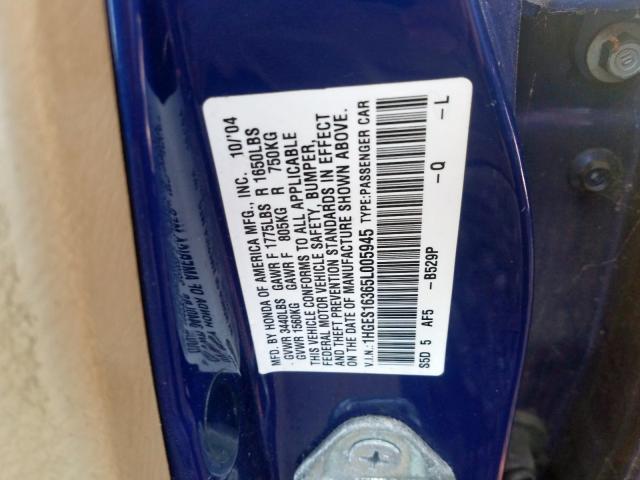 1HGES16365L005945 - 2005 HONDA CIVIC DX VP  foto 10