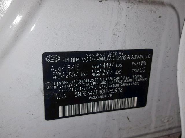 5NPE34AF3GH289928 - 2016 HYUNDAI SONATA SPO WHITE photo 10