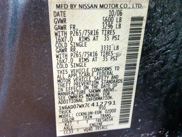 1N6AD07WX7C412791 - 2007 NISSAN FRONTIER C GRAY photo 10