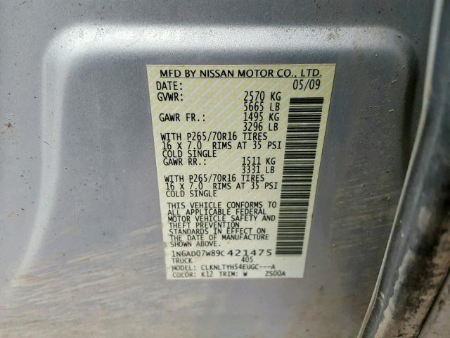 1N6AD07W89C421475 - 2009 NISSAN FRONTIER C SILVER photo 10