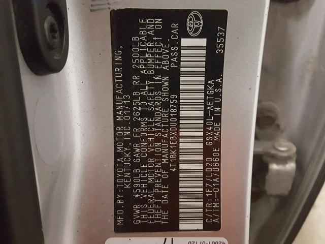 4T1BK1EBXDU018759 - 2013 TOYOTA AVALON BAS SILVER photo 10
