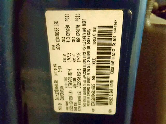 3D7KU26D04G116065 - 2004 DODGE RAM 2500 S BLUE photo 10