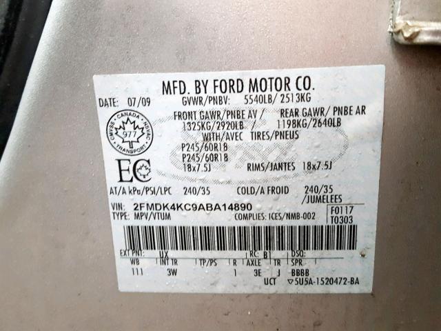 2FMDK4KC9ABA14890 - 2010 FORD EDGE LIMIT SILVER photo 10