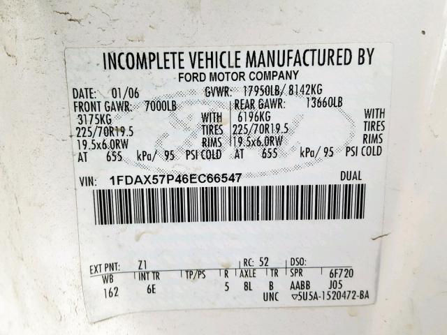 1FDAX57P46EC66547 - 2006 FORD F550 SUPER WHITE photo 10