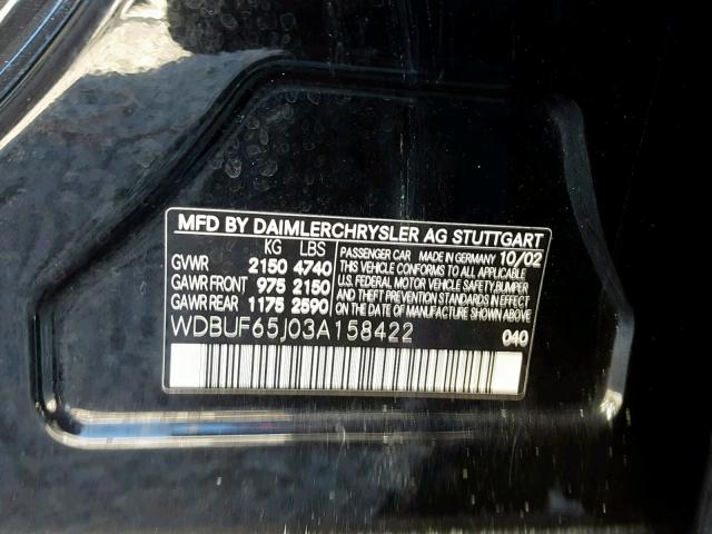 WDBUF65J03A158422 - 2003 MERCEDES-BENZ E 320 BLACK photo 10