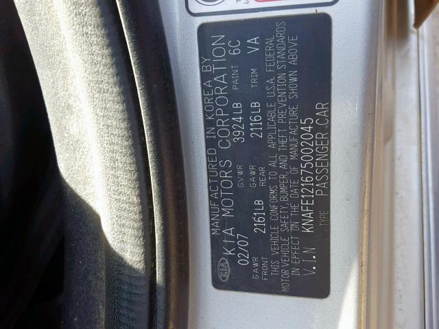 KNAFE121675002045 - 2007 KIA SPECTRA EX SILVER photo 10