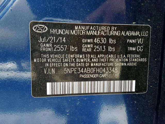 5NPE34AB0FH043348 - 2015 HYUNDAI SONATA SPO BLUE photo 10