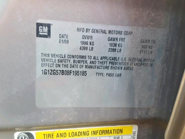 1G1ZG57B08F195185 - 2008 CHEVROLET MALIBU LS ნაცრისფერი ფოტო 10