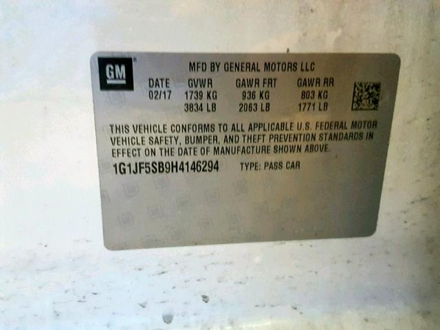 1G1JF5SB9H4146294 - 2017 CHEVROLET SONIC PREM WHITE photo 10