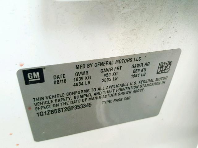 1G1ZB5ST2GF353345 - 2016 CHEVROLET MALIBU LS WHITE photo 10