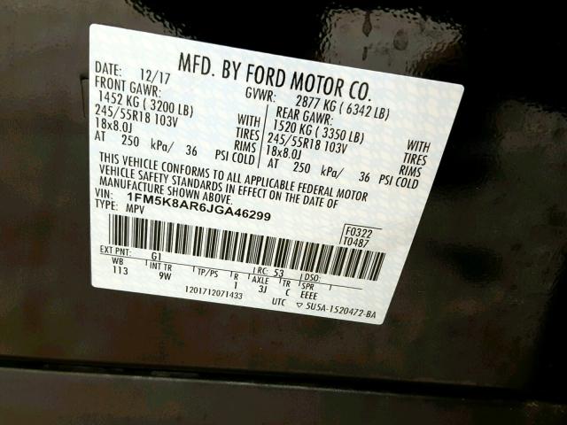 1FM5K8AR6JGA46299 - 2018 FORD EXPLORER P BLACK photo 10