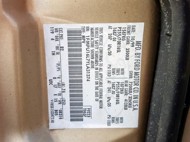 1FMPU16L7YLA31374 - 2000 FORD EXPEDITION GOLD photo 10