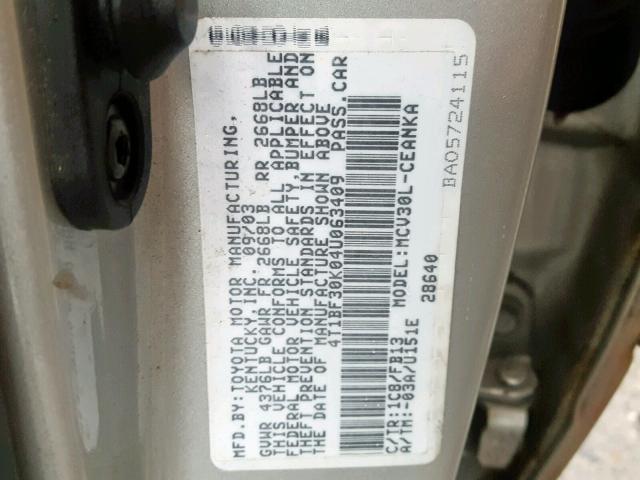 4T1BF30K04U063409 - 2004 TOYOTA CAMRY LE SILVER photo 10