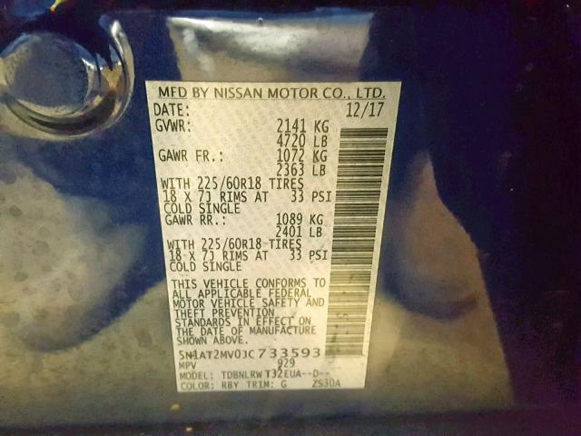 5N1AT2MV0JC733593 - 2018 NISSAN ROGUE SV BLUE photo 10