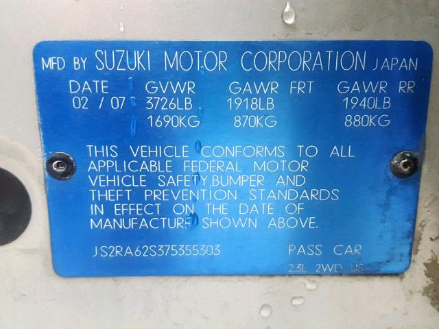 JS2RA62S375355303 - 2007 SUZUKI AERIO SILVER photo 10