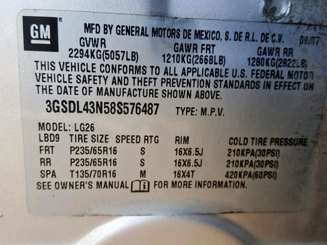 3GSDL43N58S576487 - 2008 SATURN VUE XE SILVER photo 10