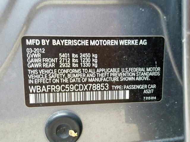 WBAFR9C59CDX78853 - 2012 BMW 550 I GRAY photo 10