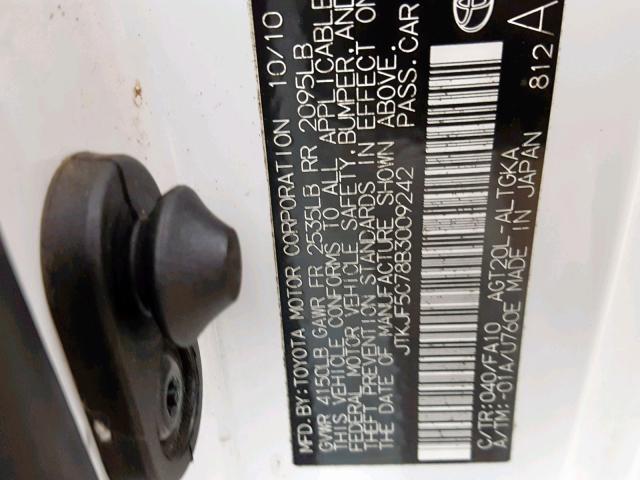 JTKJF5C78B3009242 - 2011 TOYOTA SCION TC თეთრი ფოტო 10