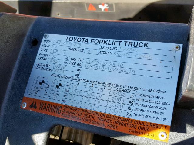 426FGCU2577749 - 1998 TOYOTA FORKLIFT ORANGE photo 10