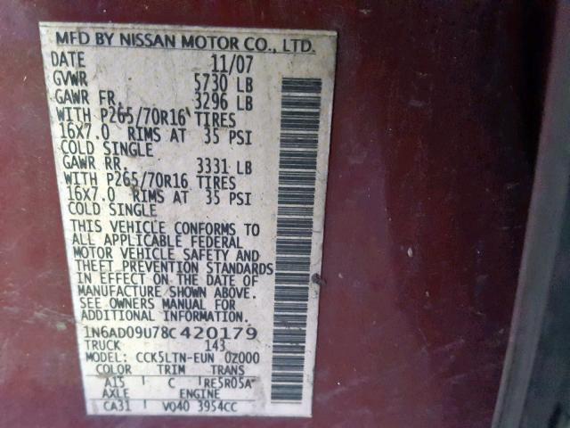 1N6AD09U78C420179 - 2008 NISSAN FRONTIER C MAROON photo 10