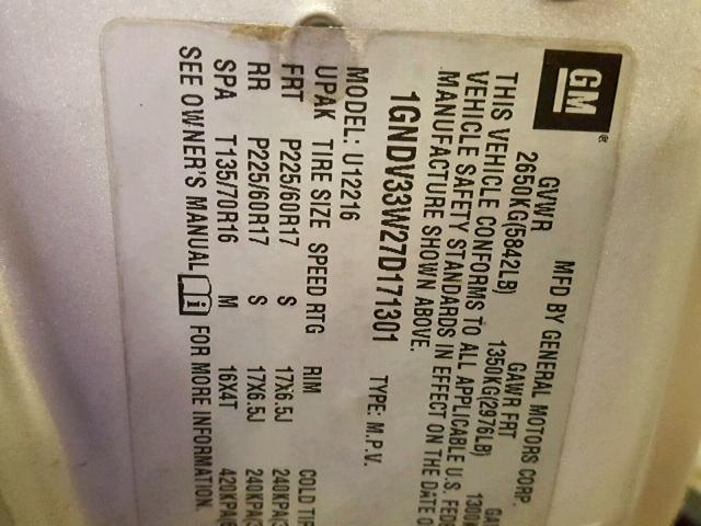 1GNDV33W27D171301 - 2007 CHEVROLET UPLANDER L Gümüş foto 10