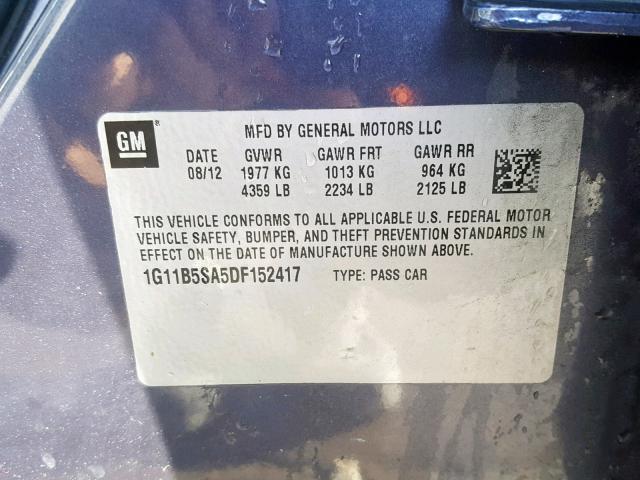 1G11B5SA5DF152417 - 2013 CHEVROLET MALIBU LS BLUE photo 10