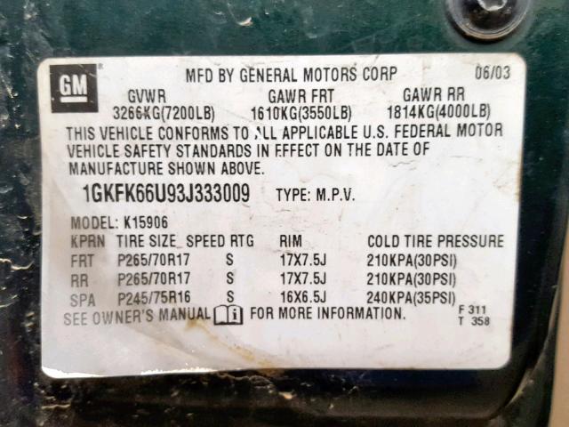 1GKFK66U93J333009 - 2003 GMC YUKON XL D GREEN photo 10