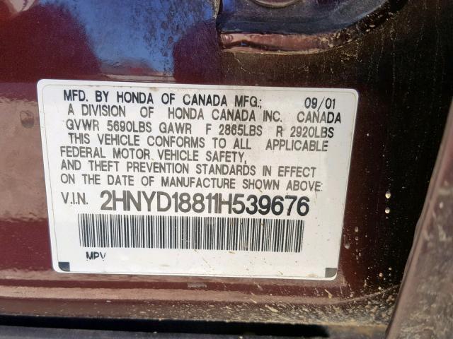 2HNYD18811H539676 - 2001 ACURA MDX TOURIN BURGUNDY photo 10