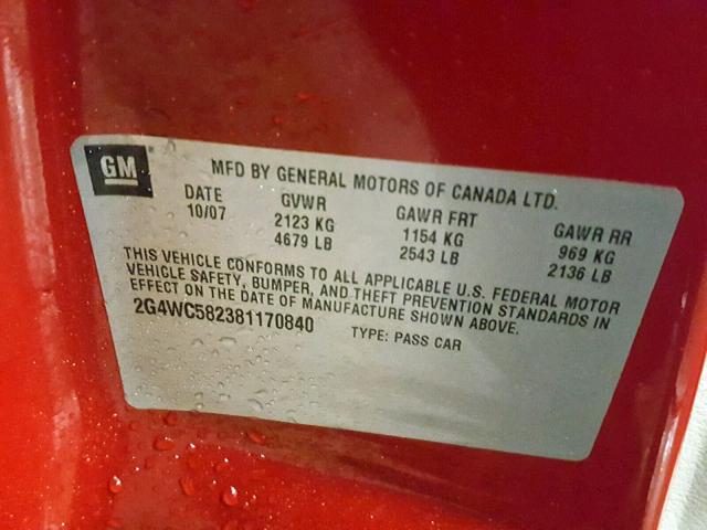 2G4WC582381170840 - 2008 BUICK LACROSSE C RED photo 10